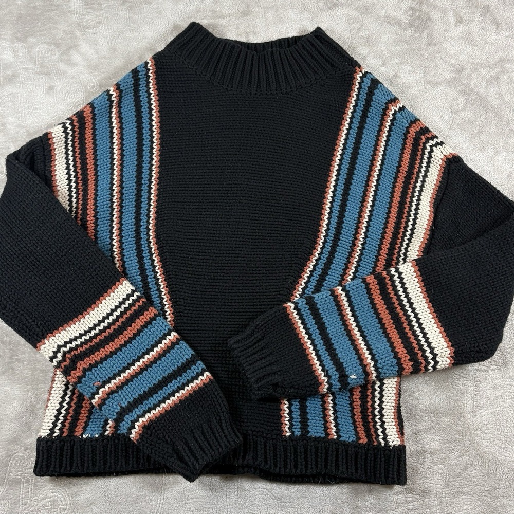 Rock & Roll Cowgirl Y2K 90s Heavy Knit Sweater Much Neck Black Blue Stripe Med